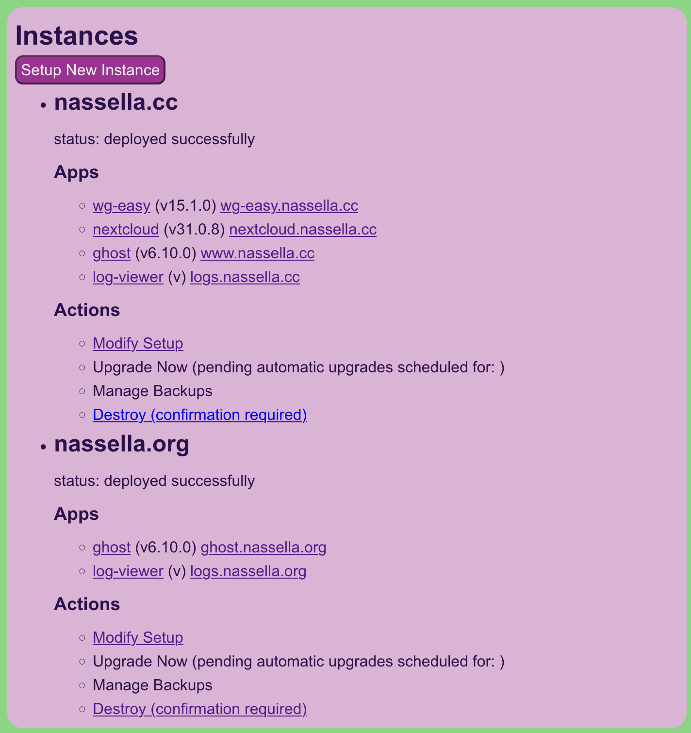 Screenshot showing a "setup new instance" button followed by a list of two instances, the apps deployed to them, and links for managing the instance.