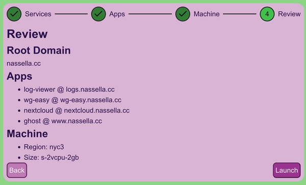 Application screenshot with breadcrumbs at the top, then domain, then apps with 'back' and 'Launch' buttons